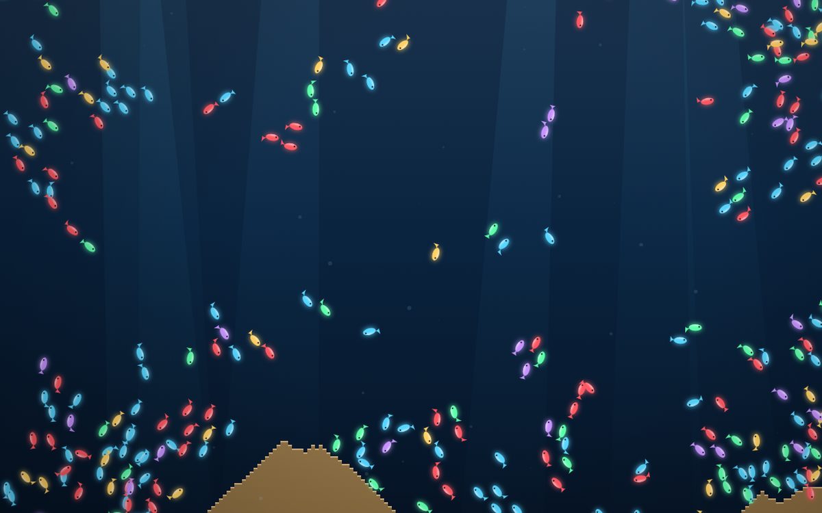 Shoals of fish moving as a flock above a reef of cellular-automata coral.
