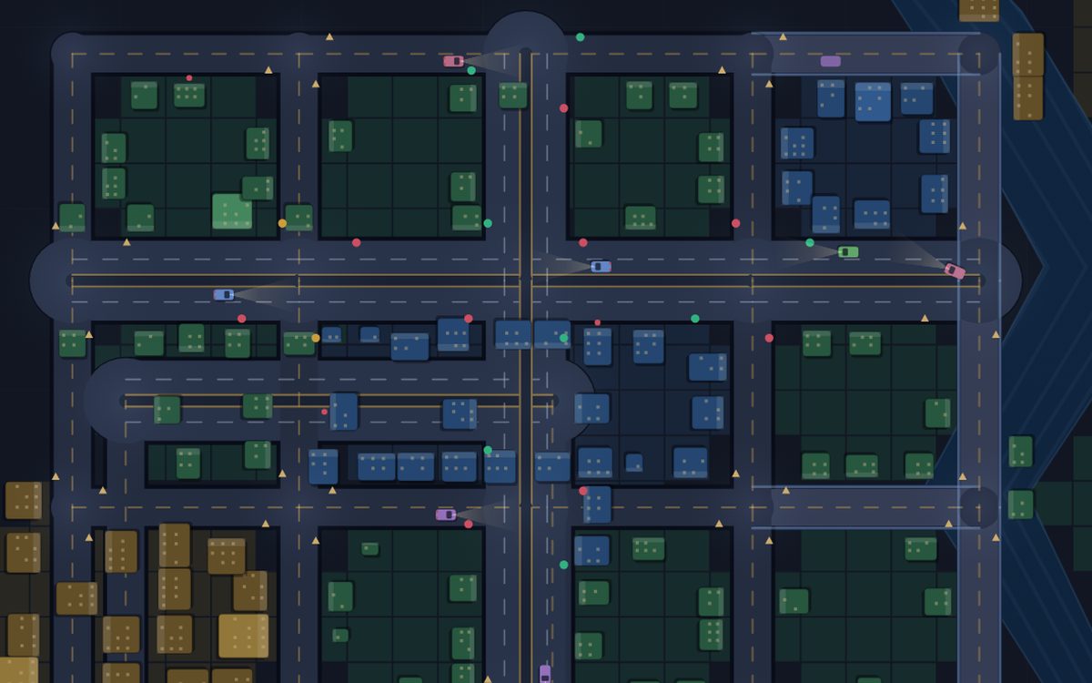 A road network simulation with vehicles queueing at signalised junctions.
